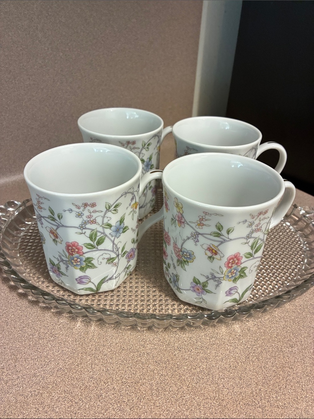 Andrea By Sadek White Porcelain Mugs with Pastel Floral Motif (Set of 4)